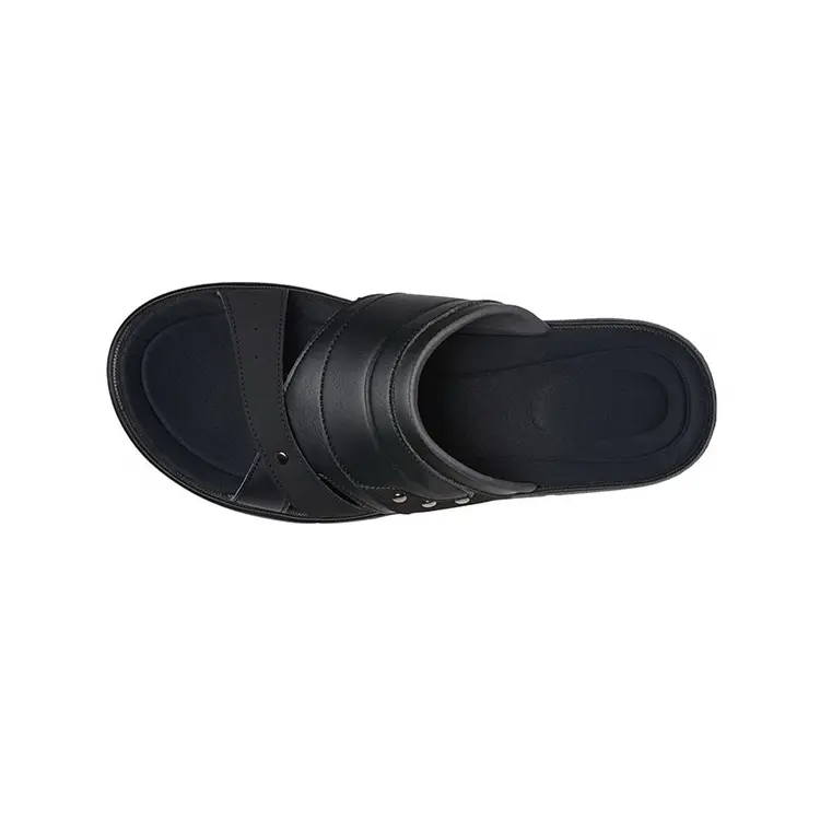 China Brand Customized High Quality Solid Black Flat Leather Summer Flip Flops Men